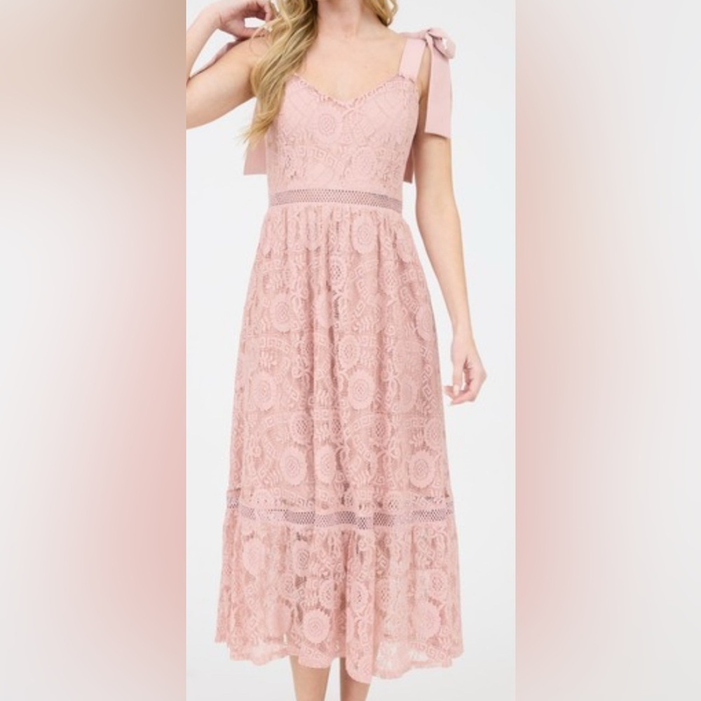 Lace Tie Strap Sheer Trim Sleeveless Midi Dress - Picture 3 of 4